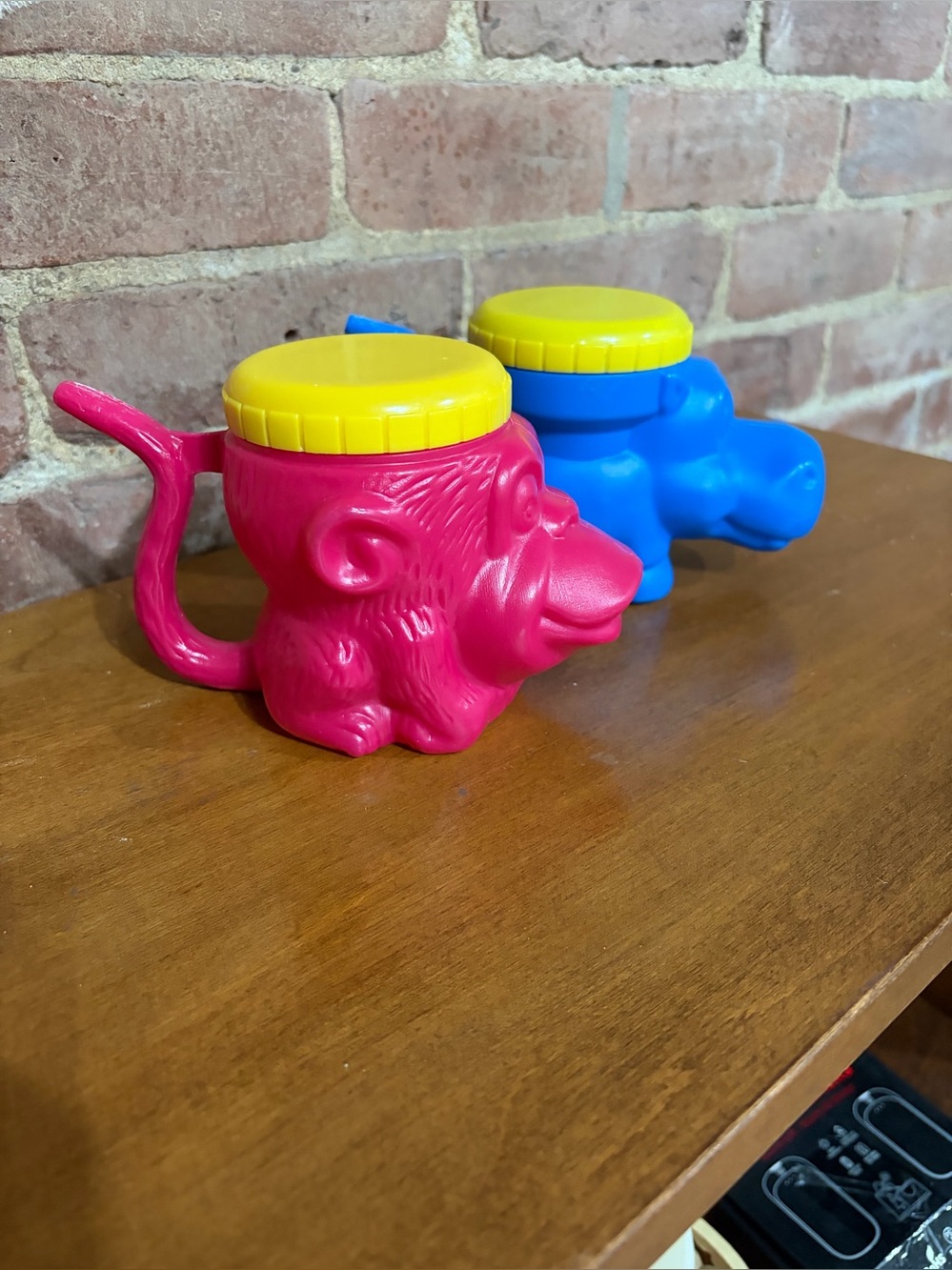 Vintage 2003 Guateplast sippy Cups Set Yellow Lids - Pink Monkey & Blue Hippo